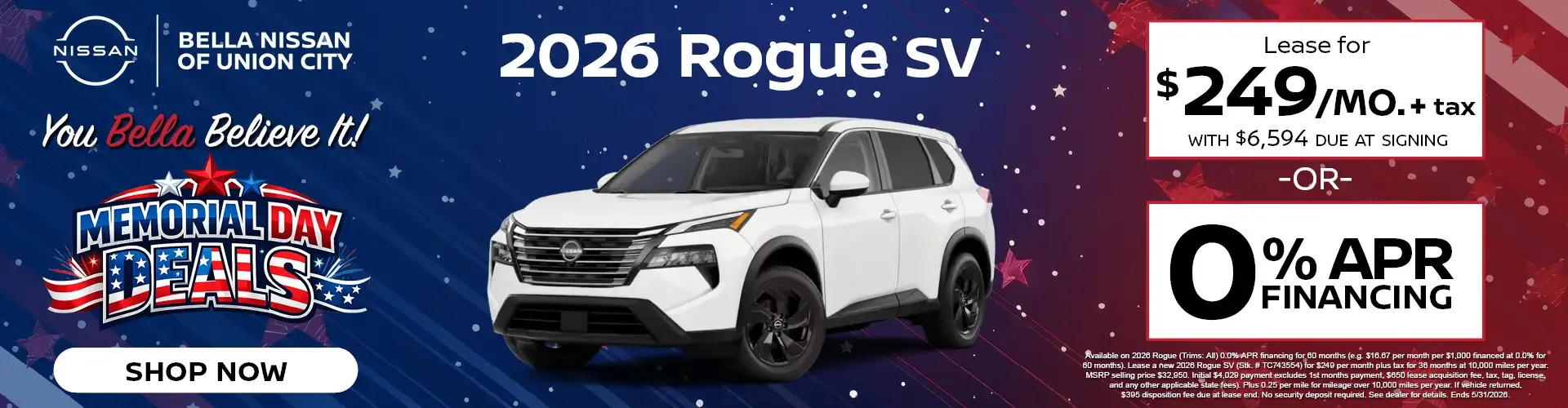 2026 Nissan Rogue SV lease for 249 dollars monthly or zero percent financing at Bella Nissan of Union City Memorial Day